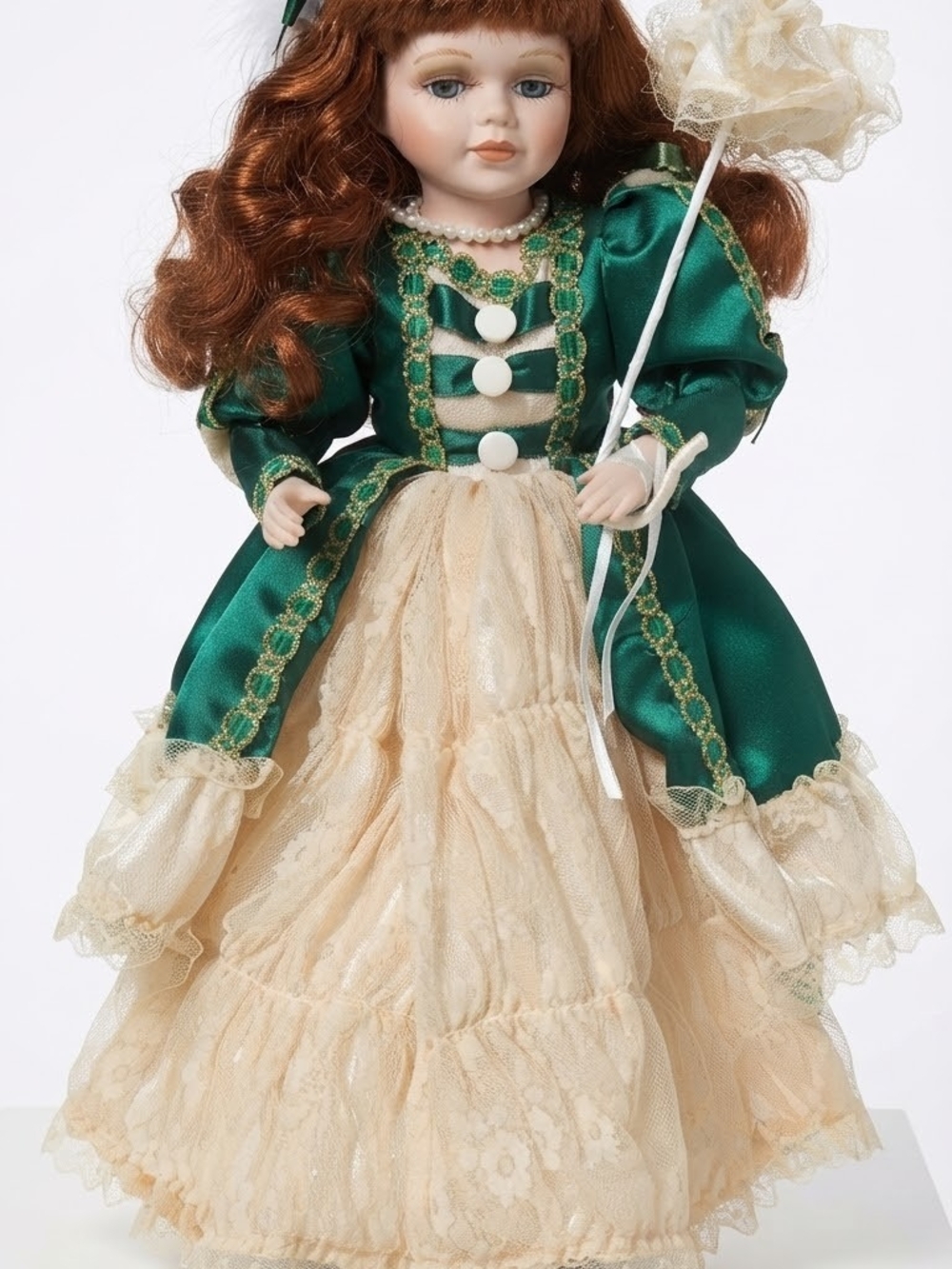 Porcelain Fashion Doll in Green and Cream Dress